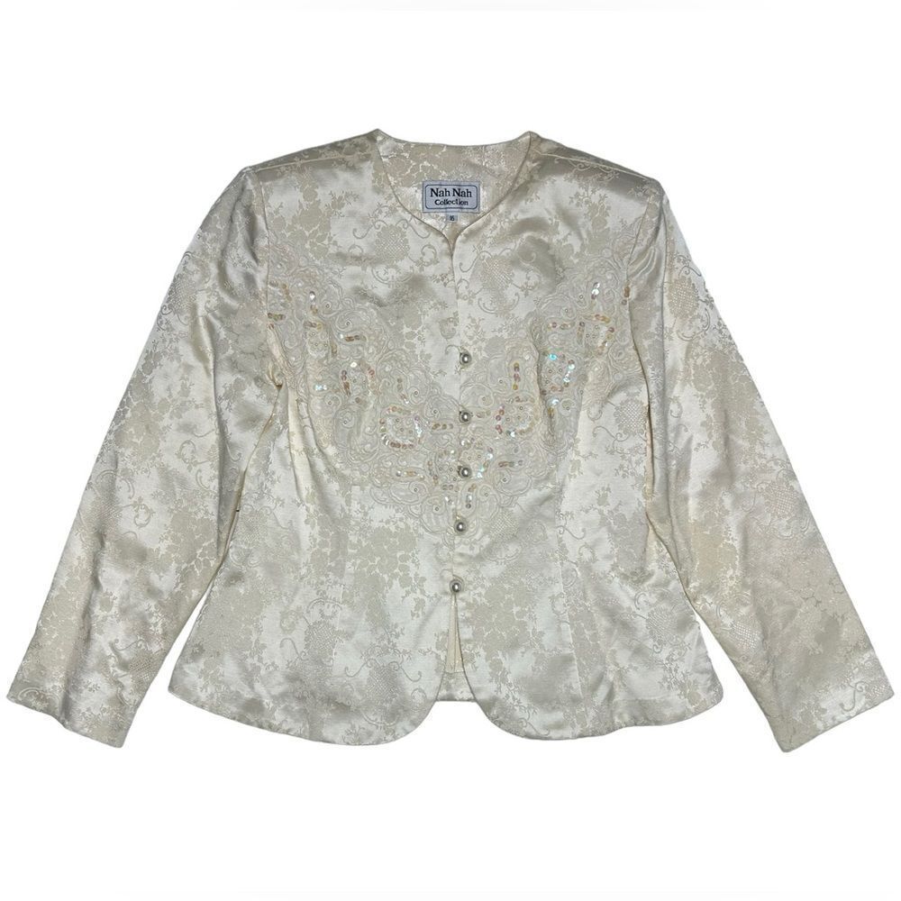 Vintage Nah Nah Collection Off White Pearl Button Up Blazer Floral Design 16